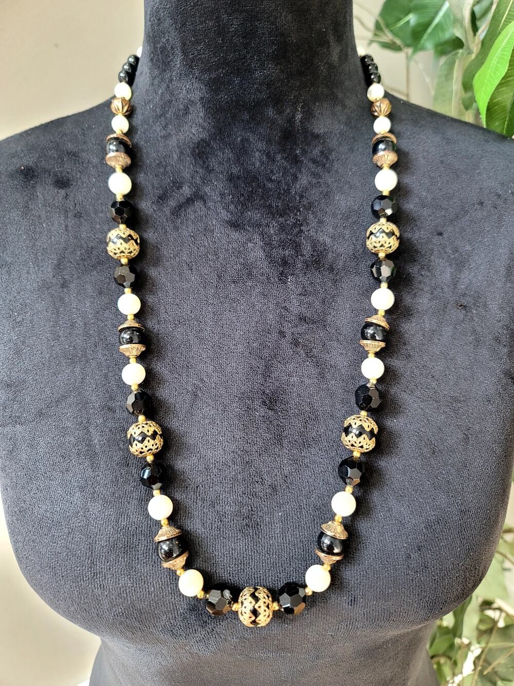 Black White & Gold Tone Beaded Long Statement Necklace Classic Fashion Jewelry